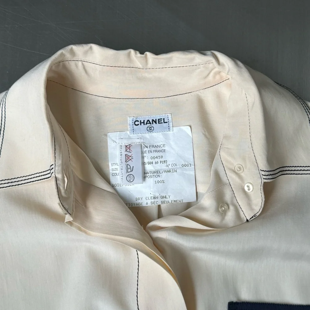 Chanel Vintage Embroidered Logo Button Down in Cream and Navy - Picture 7 of 7